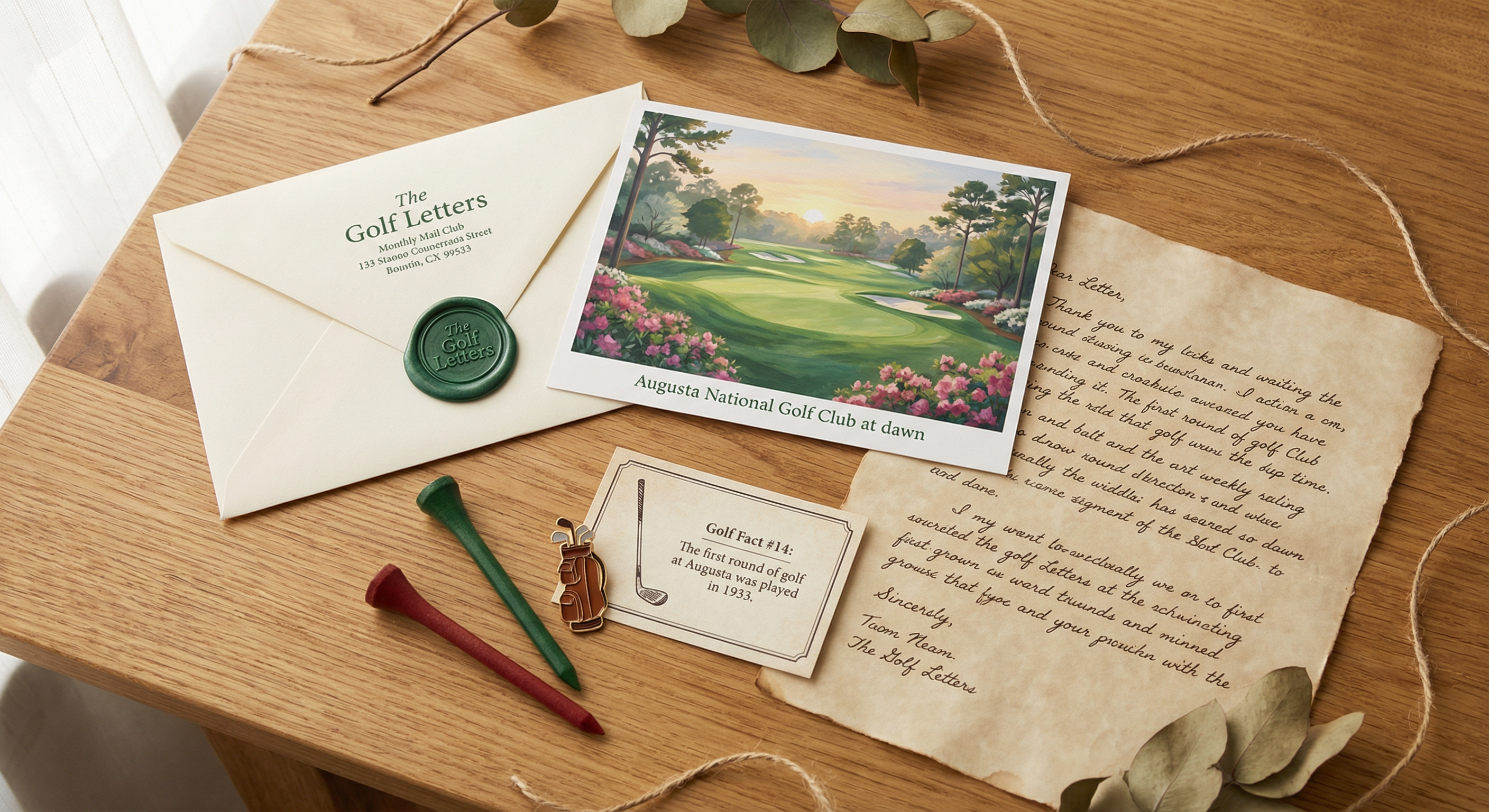The Golf Letters monthly envelope contents — art print, hand-finished letter, tees, keepsake