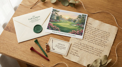 The Golf Letters monthly envelope contents — art print, hand-finished letter, tees, keepsake
