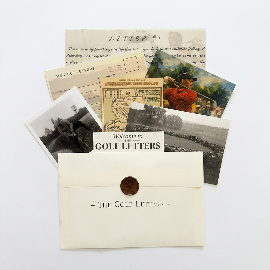 The Golf Letters flatlay — ivory envelope with wax seal, Welcome card, Letter #1, vintage course map, black-and-white photograph, and original art print